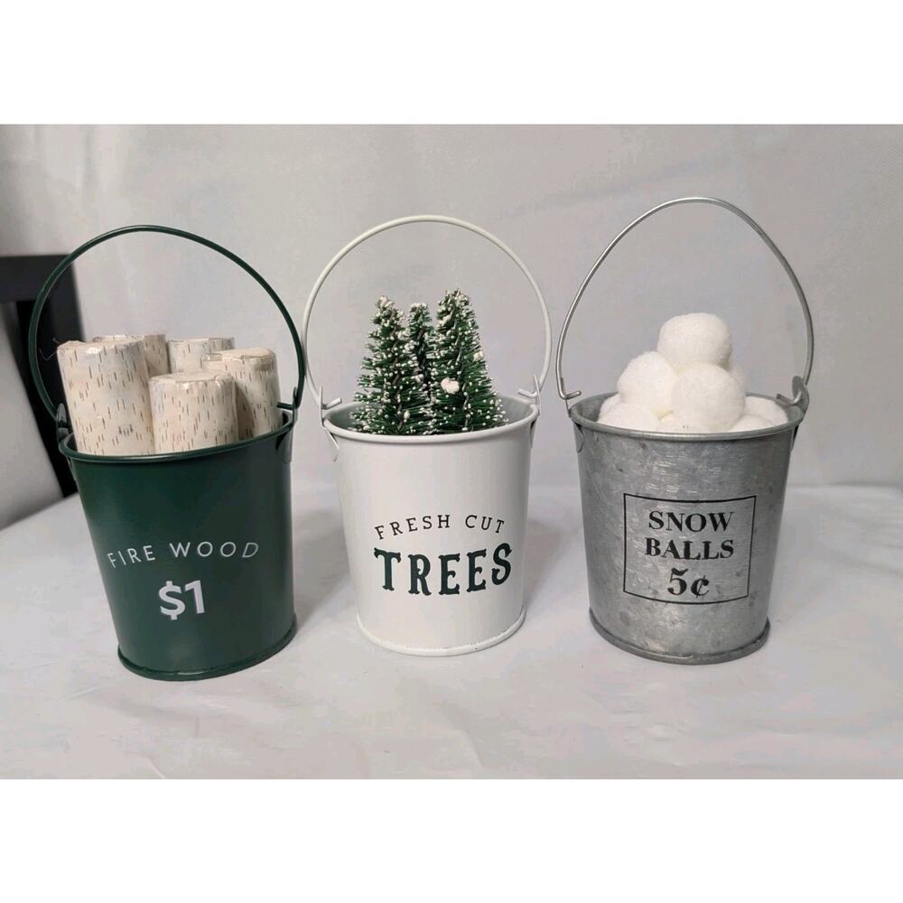 Miniature Christmas Decoration Pails Rustic Trees Snowball Firewood Set Of 3